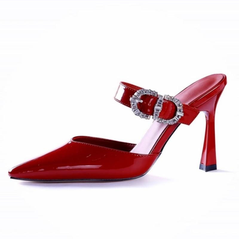Fashion High Heel Baotou Sandals Women's Summer Patent Leather Pointed Toe Shallow Slip Rhinestone Buckle Stiletto Half Slippers