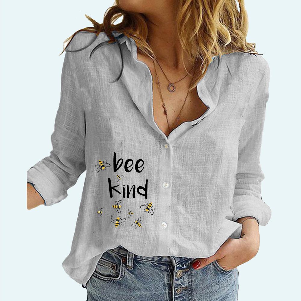 Women Fashion Button-up Blouse Summer&autumn Loose Cotton Linen Top Ladies Casual Bee Print Long Sleeve Shirt