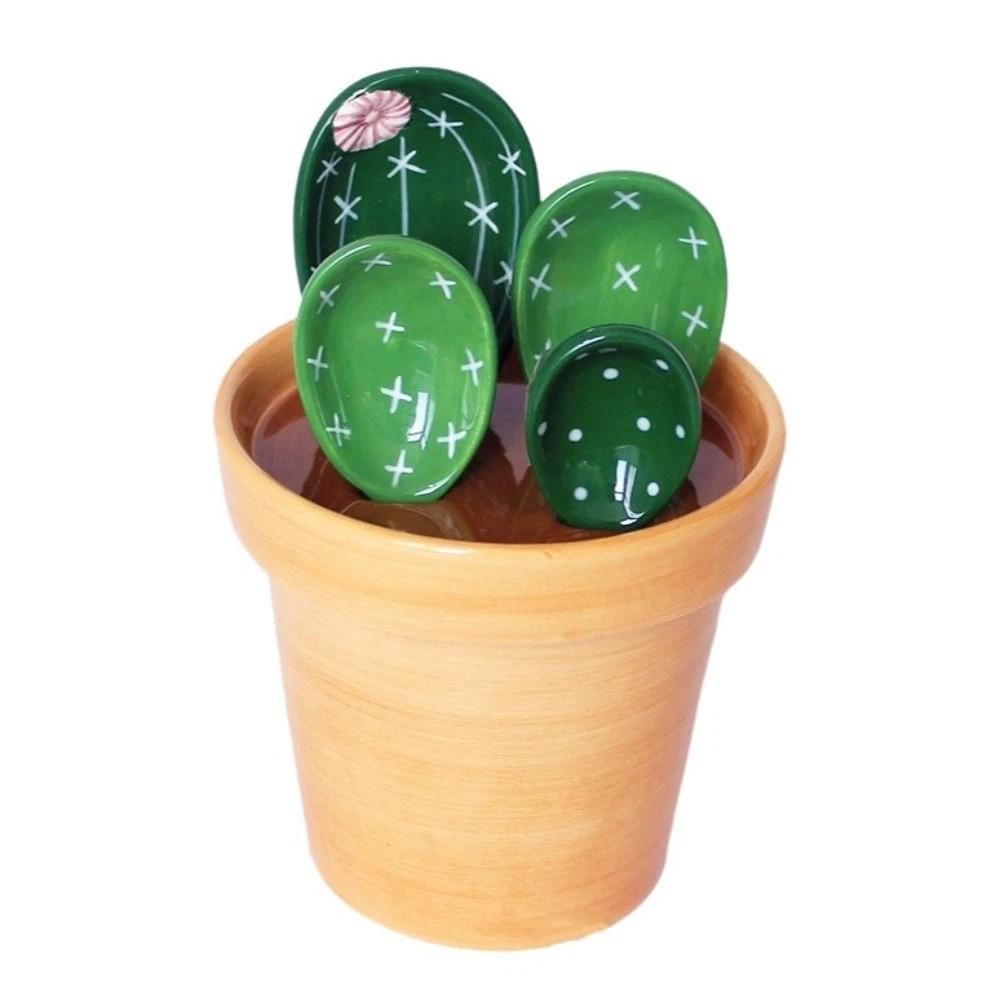 Ceramic Measuring Spoons Set with Base Baking Spoons Flower Pot Cactus Ornament Powder Scoop