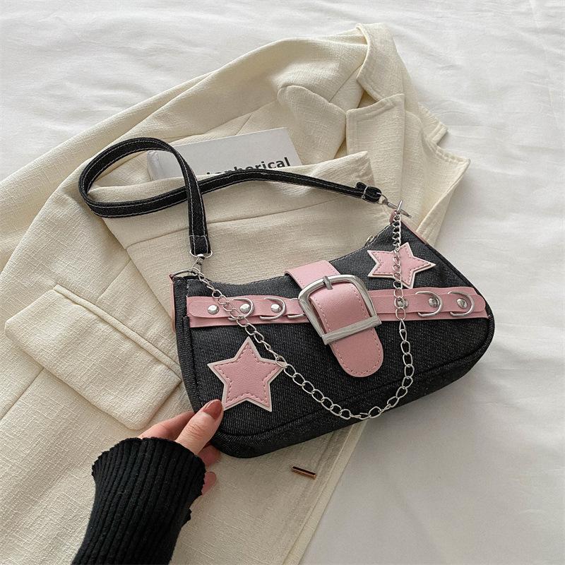 

Trendy sexy babes 2 stars new casual denim chain portable shoulder underarm bag чёрный