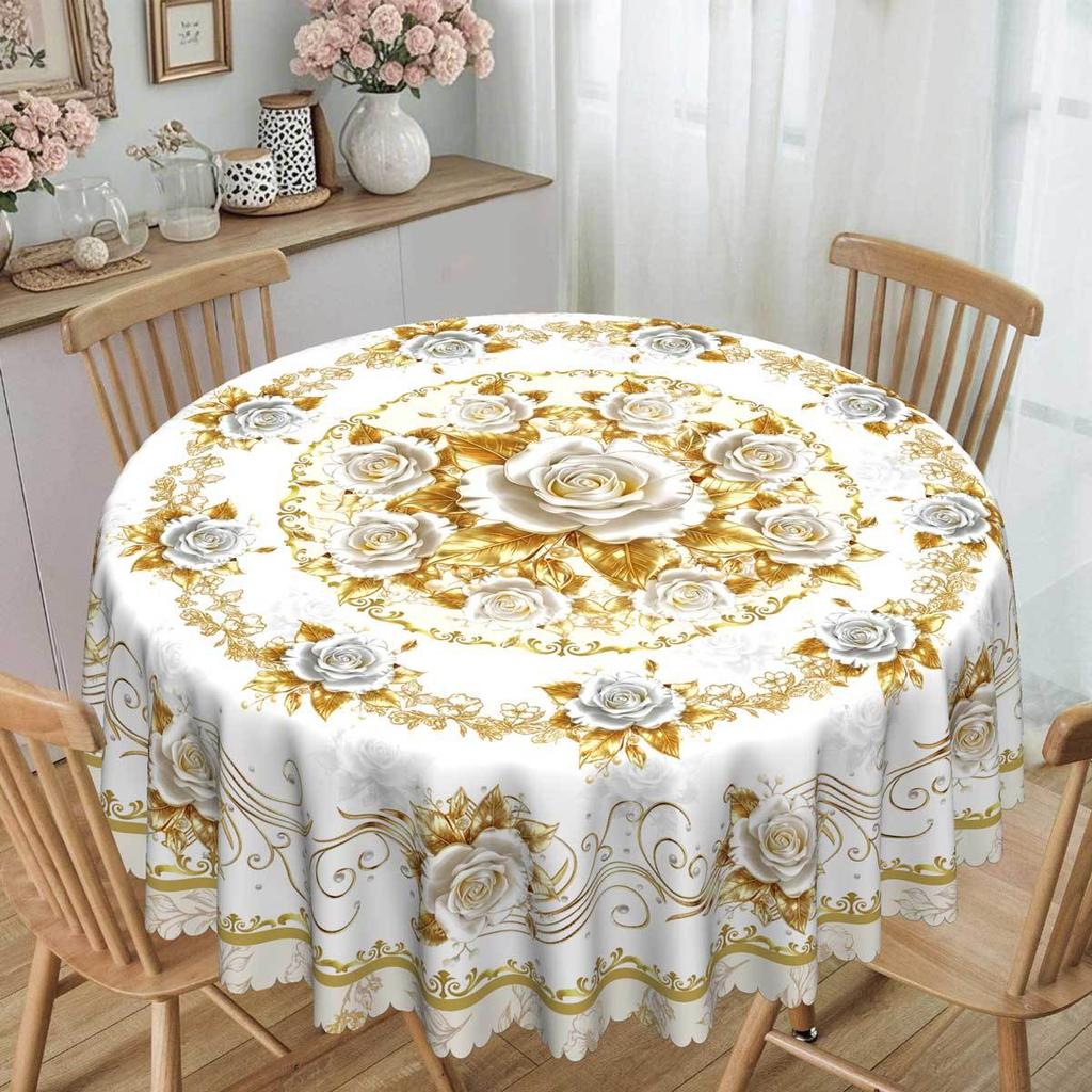 European Gold Rose Round Tablecloth, Waterproof Leave-In Polyester Dining Table Coffee Table Decorative Cloth, Rectangular Dining Table Cloth