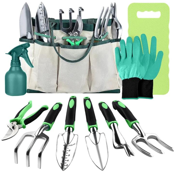 Garden Tool Set with Heavy Duty Stainless Steel Hand Tools Ergonomic Handles Storage Tote Kneeling Pad Pruner Gloves Sprayer for Gardening Tasks