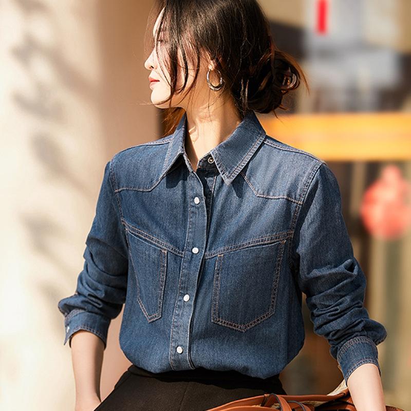 Vintage Hong Kong Style Blue Denim Shirt Women's Spring and Autumn Layering French Top