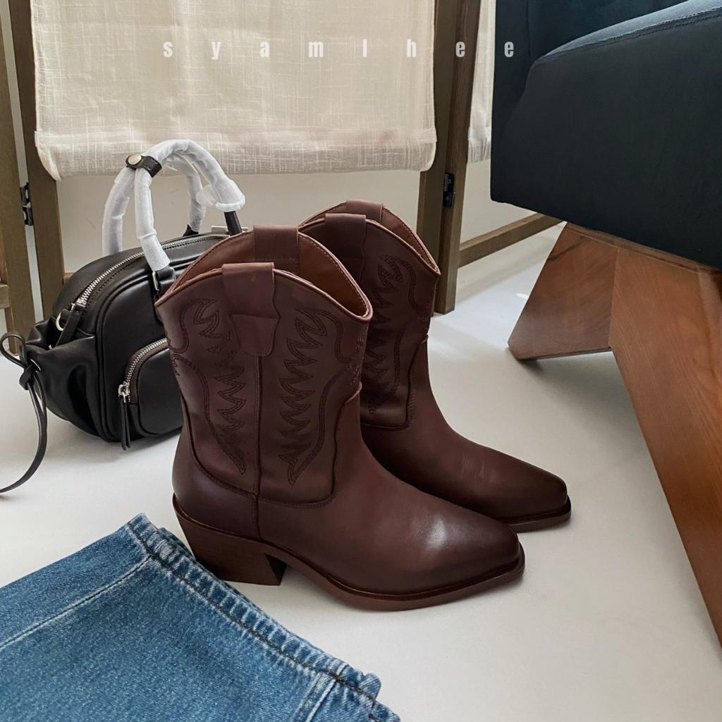 2025 new leather first layer cowhide retro western cowboy boots women's thick heel medium tube British Martin boots