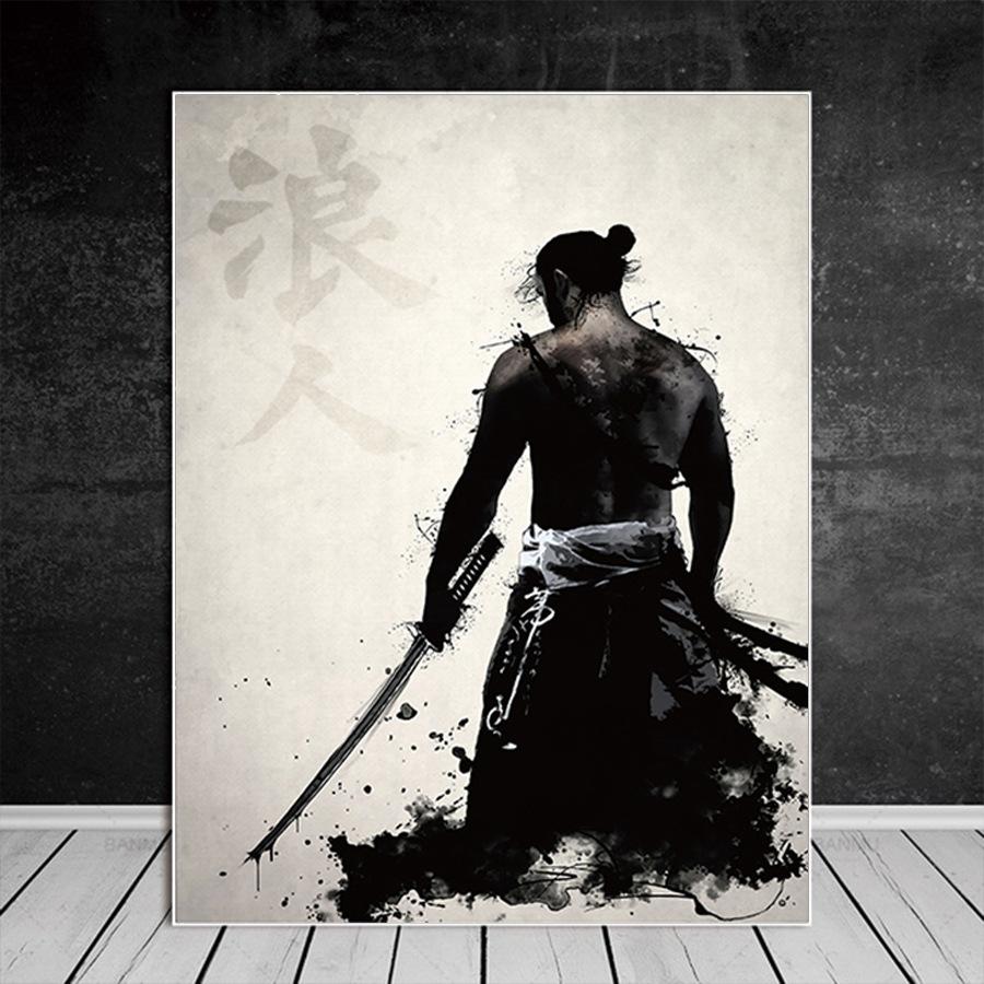 Vintage japansk Samurai plakat trykt lerret Moderne stue Tegning Art Dekor Svart Hvit Foto Veggdekorasjon