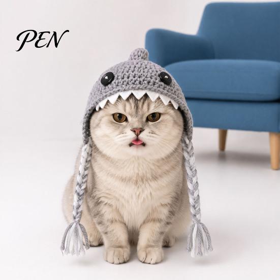 Pet Daily Fun Headband Funny Shark Cat Hat, Crocheted Hat with Braided Animal Shaped Dog Straps, Soft Cute Knitted for Cats Small Dogs Photography