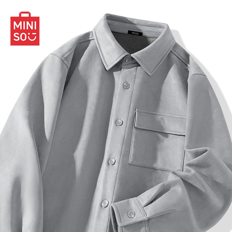 MINISO Men's Autumn/Winter Plush Lined Retro Lapel Shirt Jacket