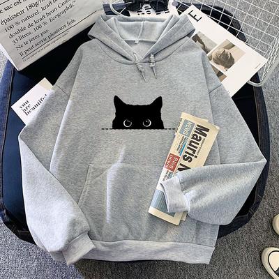 Black Cat Gaze Cartoon Hoodie Anime Print Cute Sweatshirt Casual Clothing Kawaii Pullovers Soft Comfortable Top