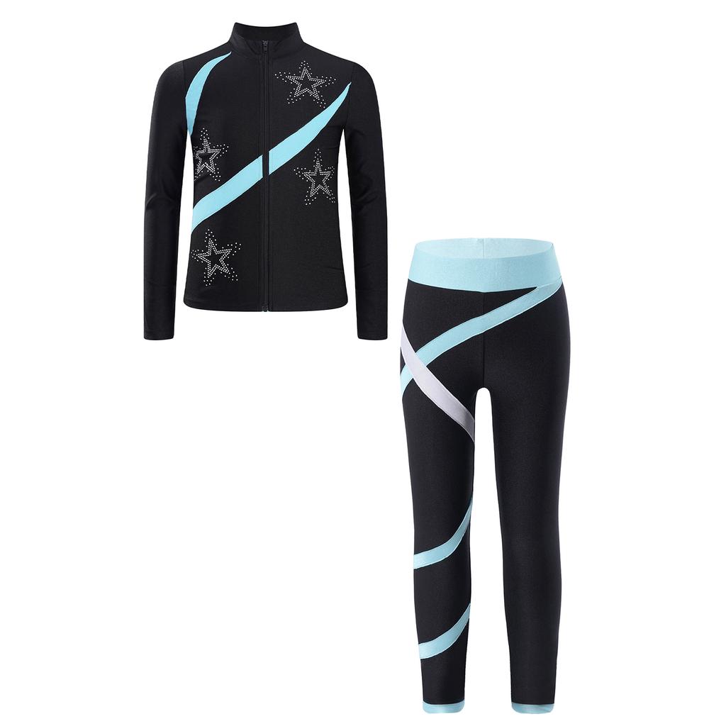 Girls Sports Set Shiny Rhinestone Star Contrast Color Long Sleeve Stand Collar Zipper Sweatshirt Colorblock Leggings