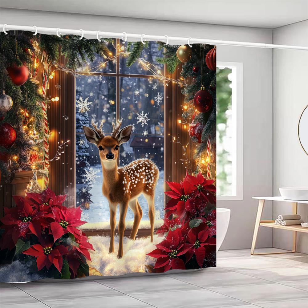 highland cattle Christmas Shower Curtain, Snowflake, Cute, Winter Bathroom Decorative Christmas Shower Curtain, with Hooks