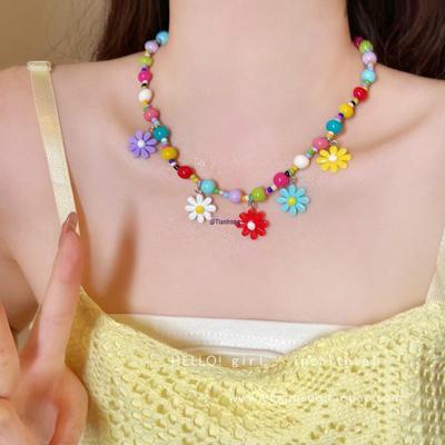 Dopamin Gänseblümchen Farbblock Halskette für Frauen - Schlüsselbeinkette, Süße Choker für Sommerurlaub