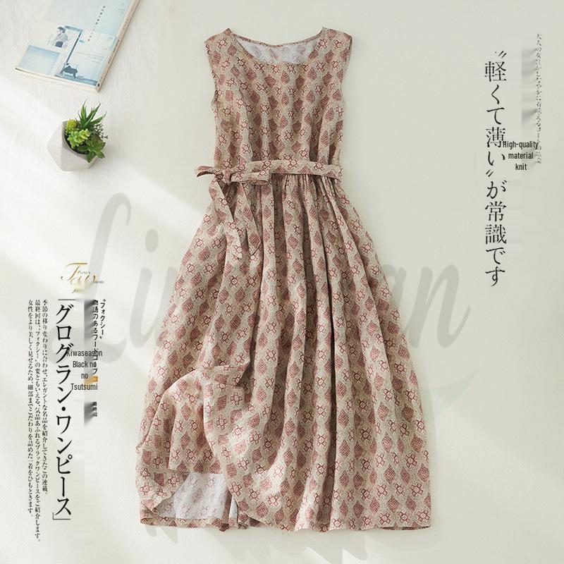 Light Pink Plaid Sleeveless Cotton Linen Dress - Summer 2026 Over-the-Knee M