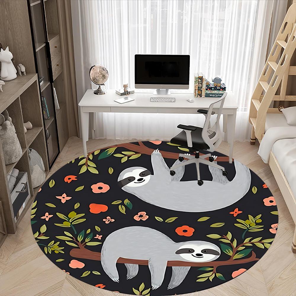1pc Sloth Floral Office Round Area Rug, Indoor Mat Suitable For Office, Under Office Chairs Bedroom Living Room Home Decor, Room Deco