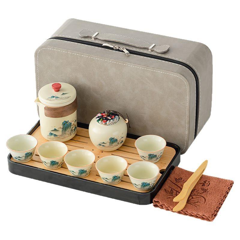 Retro glaze color travel tea set Ru kiln ancient rhyme pot set portable car express outdoor kung fu teapot