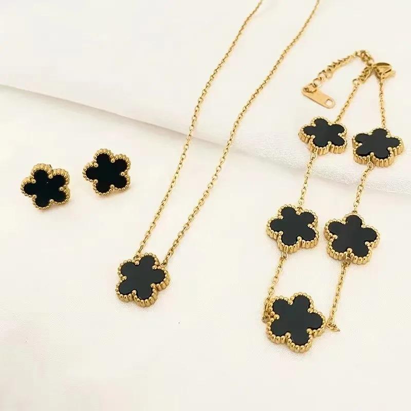 316L Stainless Steel Five Leaf Clover Pattern Bracelet Necklace Earrings Jewelry Set Classic for Women Trend Party Charm Gifts