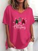 Trendy Christmas Printed T-Shirt, Plus Size Ladies Short Sleeve Casual V-Neck T-Shirt