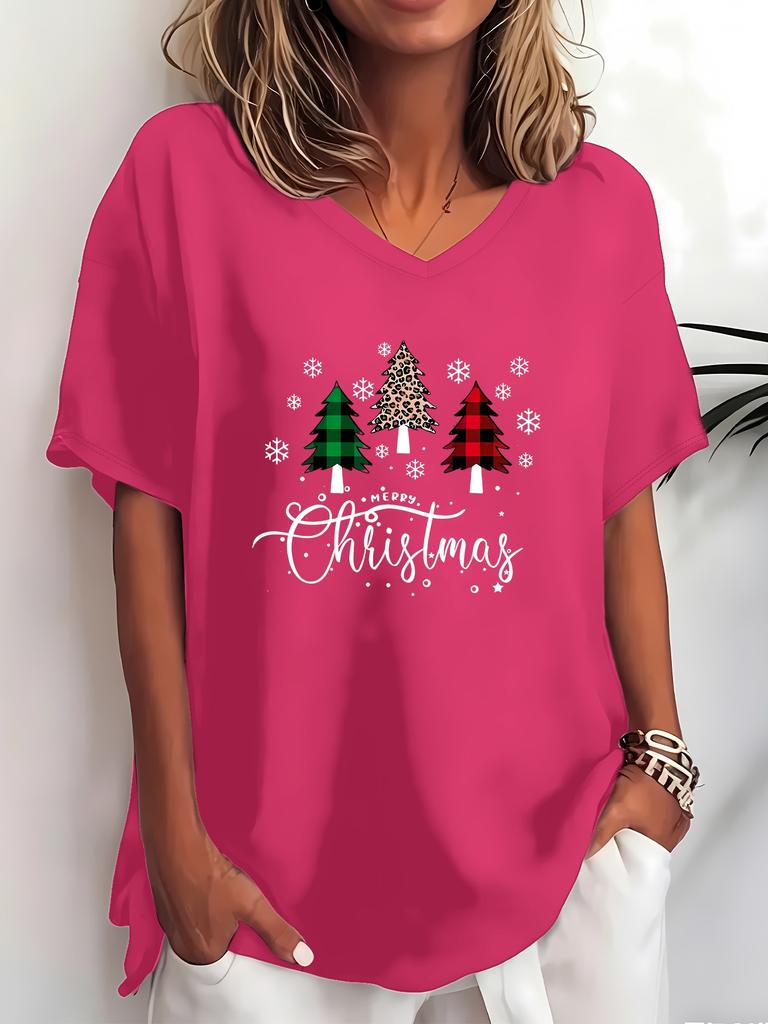 Trendy Christmas Printed T-Shirt, Plus Size Ladies Short Sleeve Casual V-Neck T-Shirt