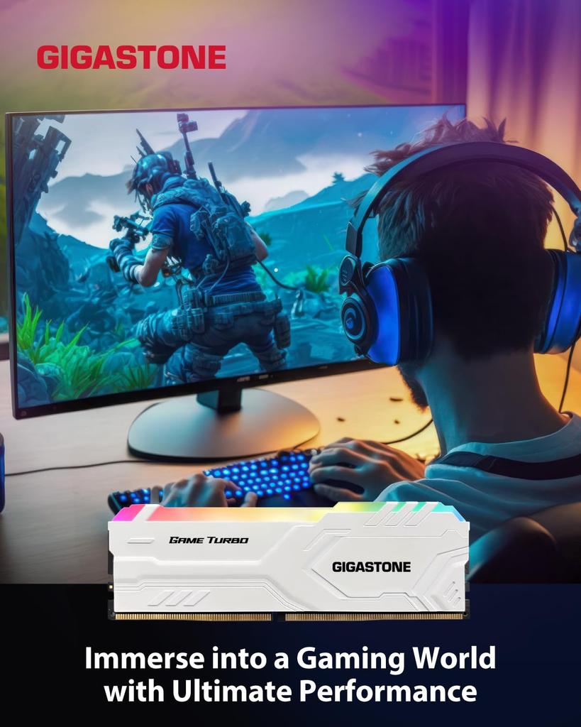 GIGASTONE Game TURBO 8GB x 4 DDR4 3200MHz CL Intel XMP AMD Ryzen UDIMM Unbuffered Gaming Desktop Memory Module White (32GB Kit) PC4-25600 16-18-18-40