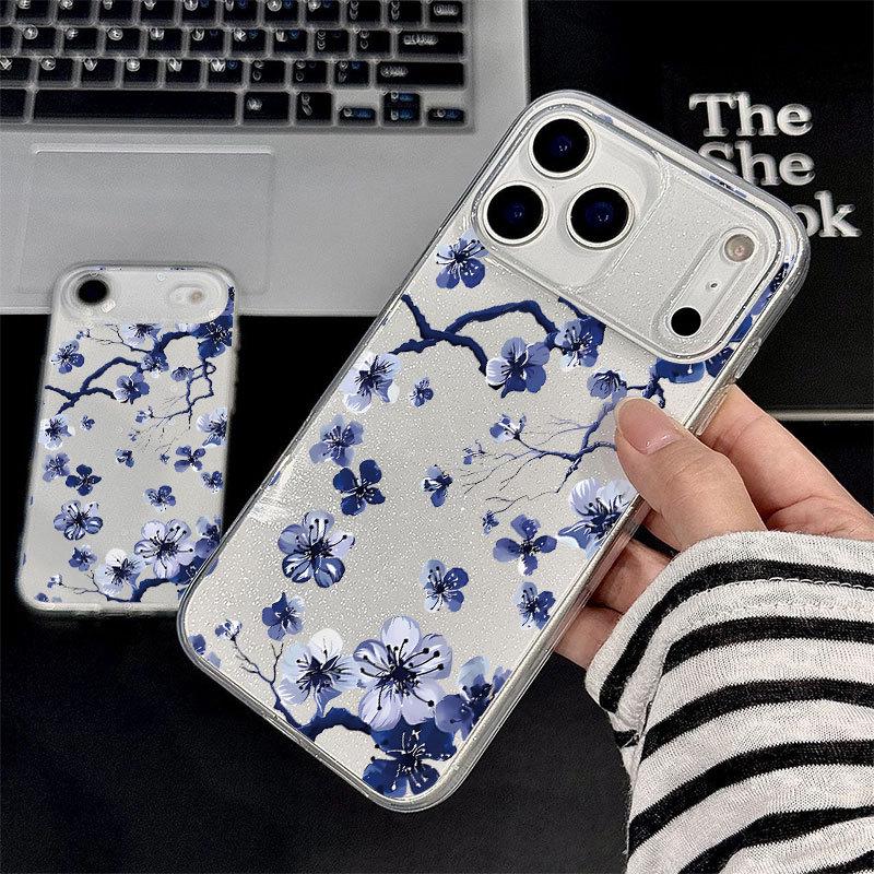 

Purple Flower Glitter Soft Shell Phone Case for Apple Models 11-17, Pro/Pro Max Apple 15 Pro Max