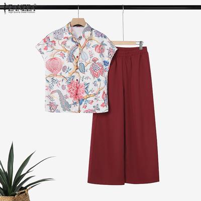 Women Short Sleeve Print Blouse and Long Pants Casual Two Piece Suit Sets