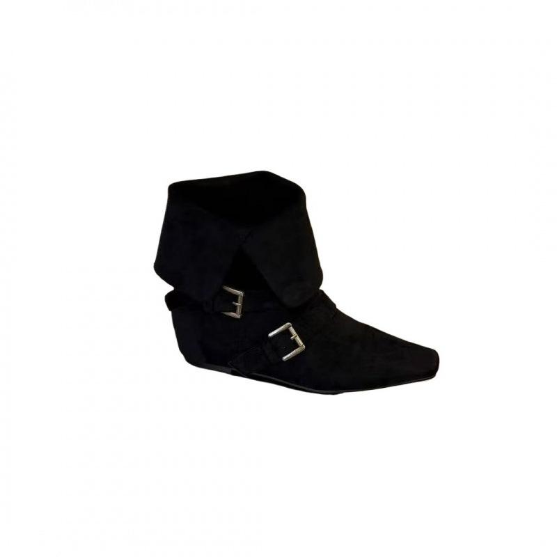 Inner Height Increase of 4cm~ Korean Version Retro Suede Square Head Short Boots for Women, New Buckles for Autumn and Winter, Two Short Boots Fo