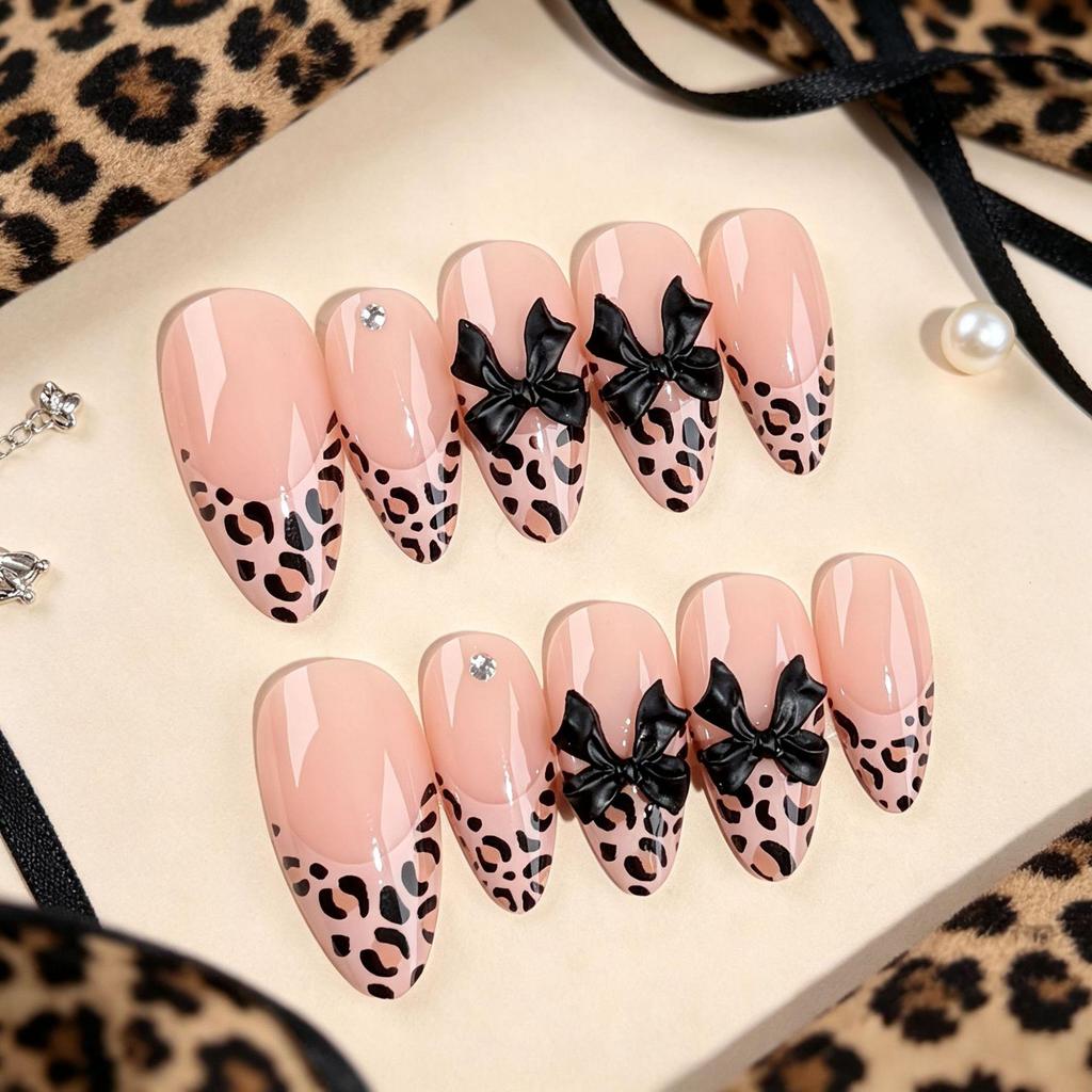24-Piece Leopard Print French Manicure Set with Black Bow Almond-Shaped Nail Stickers