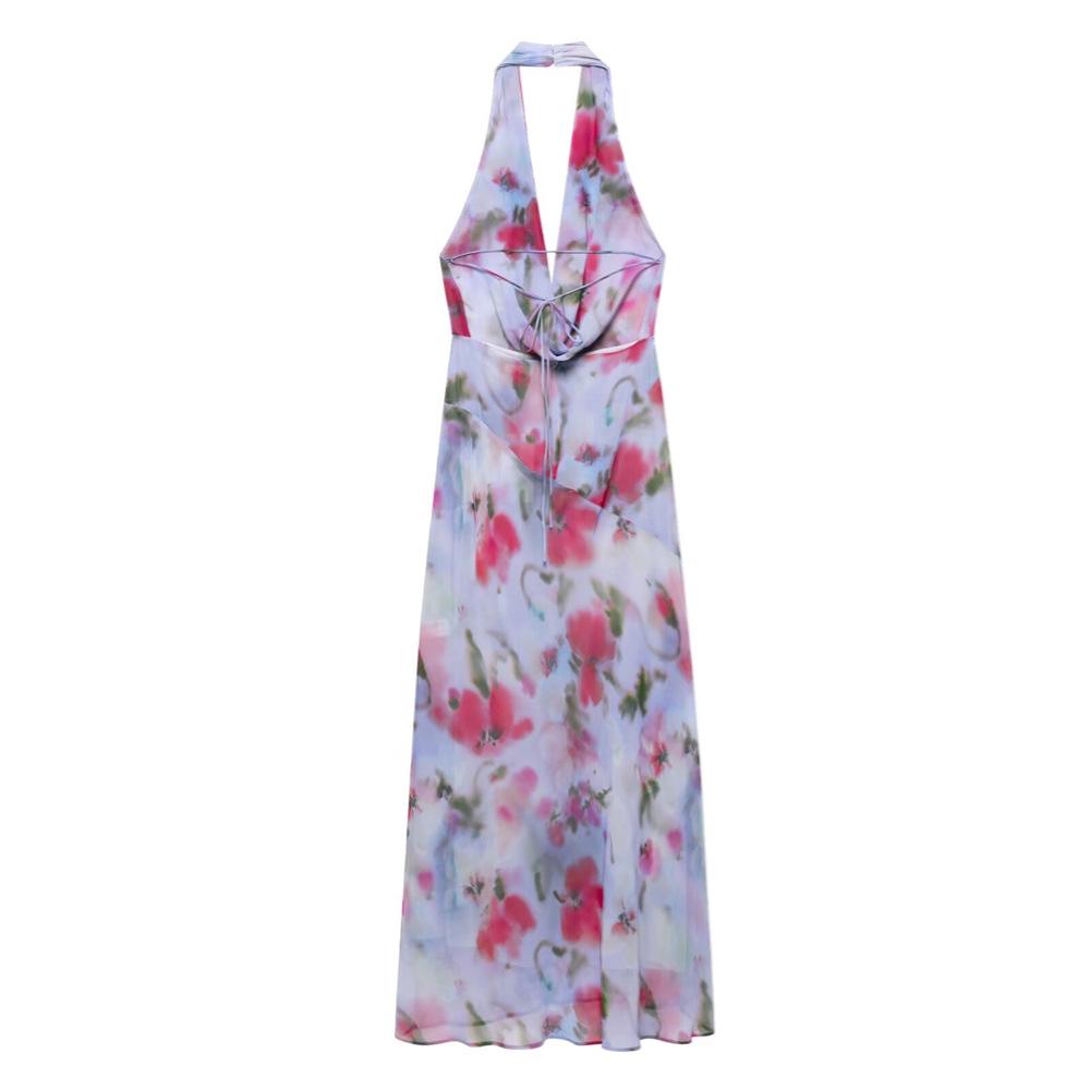 2025 Spring/Summer Slim Fit Sexy Printed Halterneck Cowl Neck Midi Dress for Women