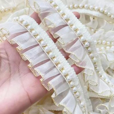 2CM Wide White Chiffon Pleats Wed Lace Mesh Fabric Needlework Ribbon Frill Glitter Beaded Fringe Edge Trim Sequin Dress Decor