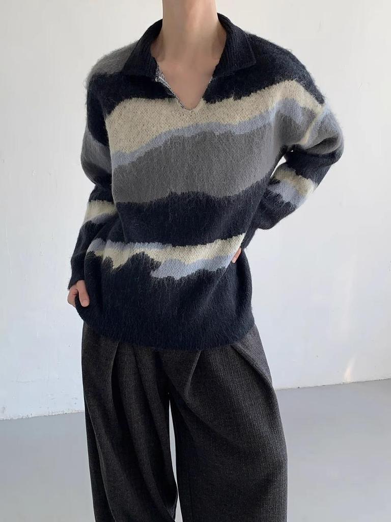 Unisex Retro Color Block Polo Collar Knit Sweater for Autumn/Winter