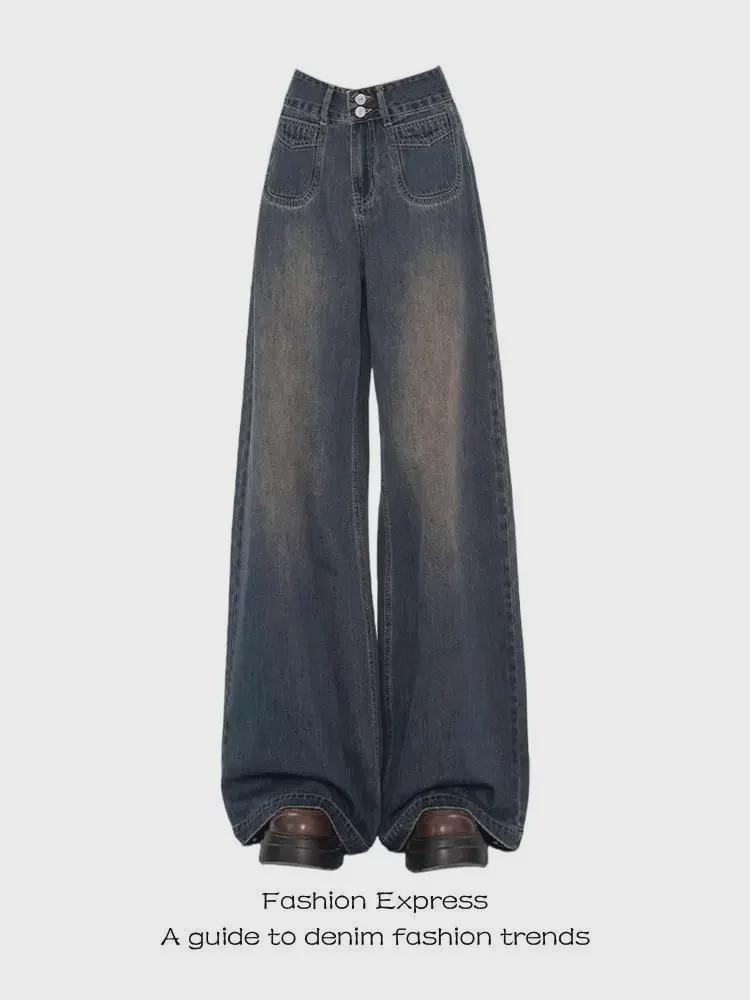 Retro Graue High-Waist Wide-Leg Jeans für Damen - Herbst 2024 Kollektion