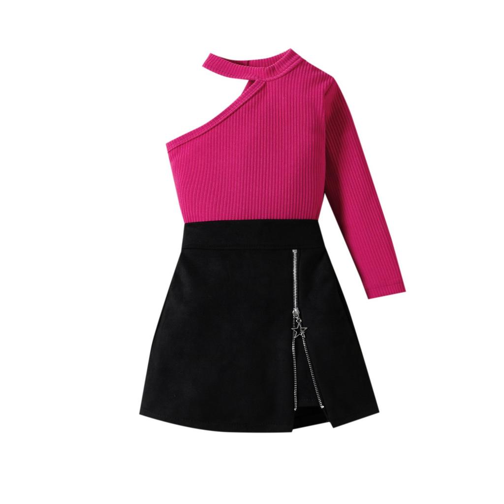 Costum de modă pentru fete Toamnă Copii Umăr în diagonală Mânecă lungă + Fermoar stea Fusta în linie A Costum din două piese