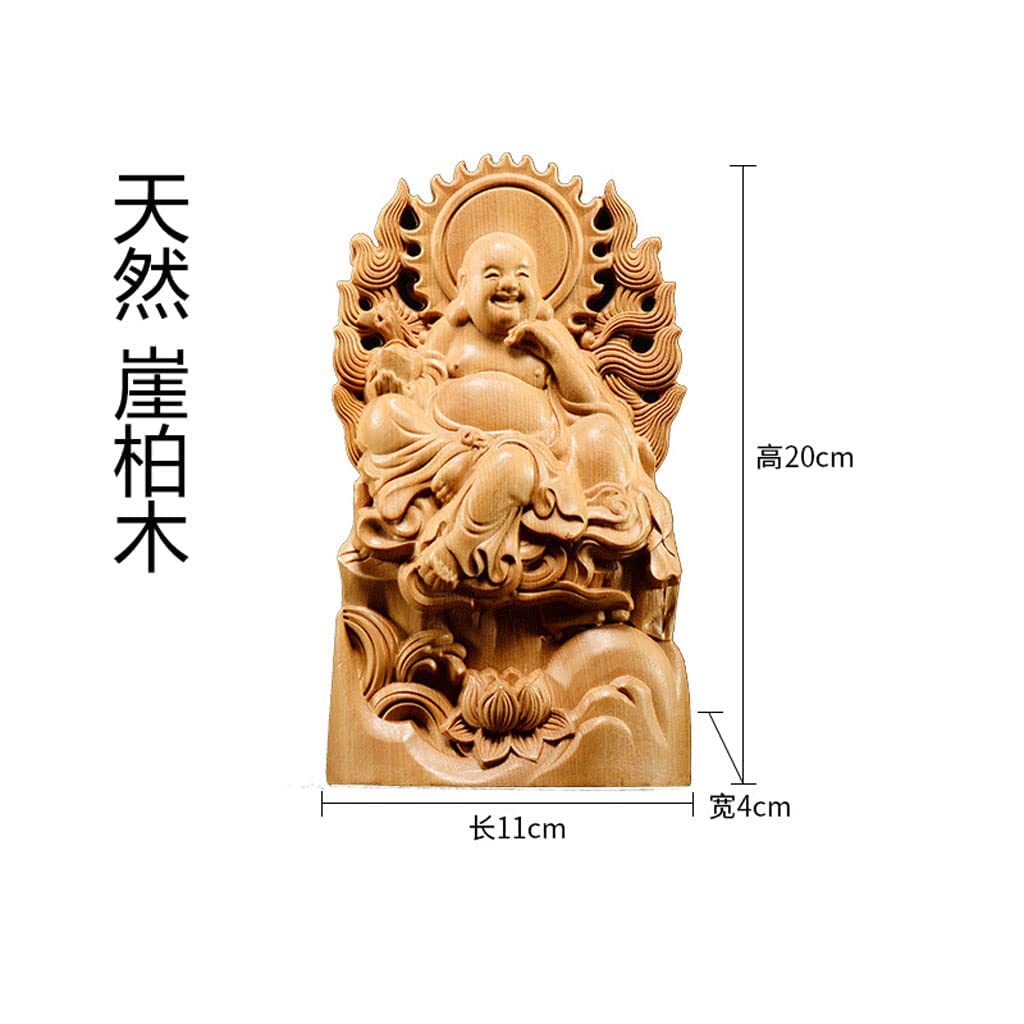 Seven Lucky Gods Figurine Hotei Natural Clifftop Buddha Statue Wood Carving Feng Shui 20cm x Width 11cm x Depth (Height 4cm)