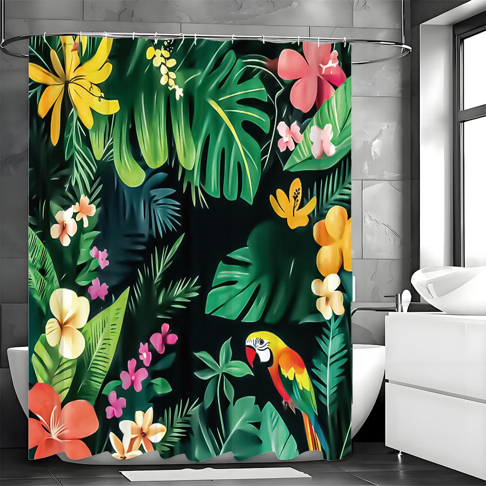 Parrot shower curtain with flowers and leaves, bathroom decorative shower curtain, waterproof shower curtain with hooks
