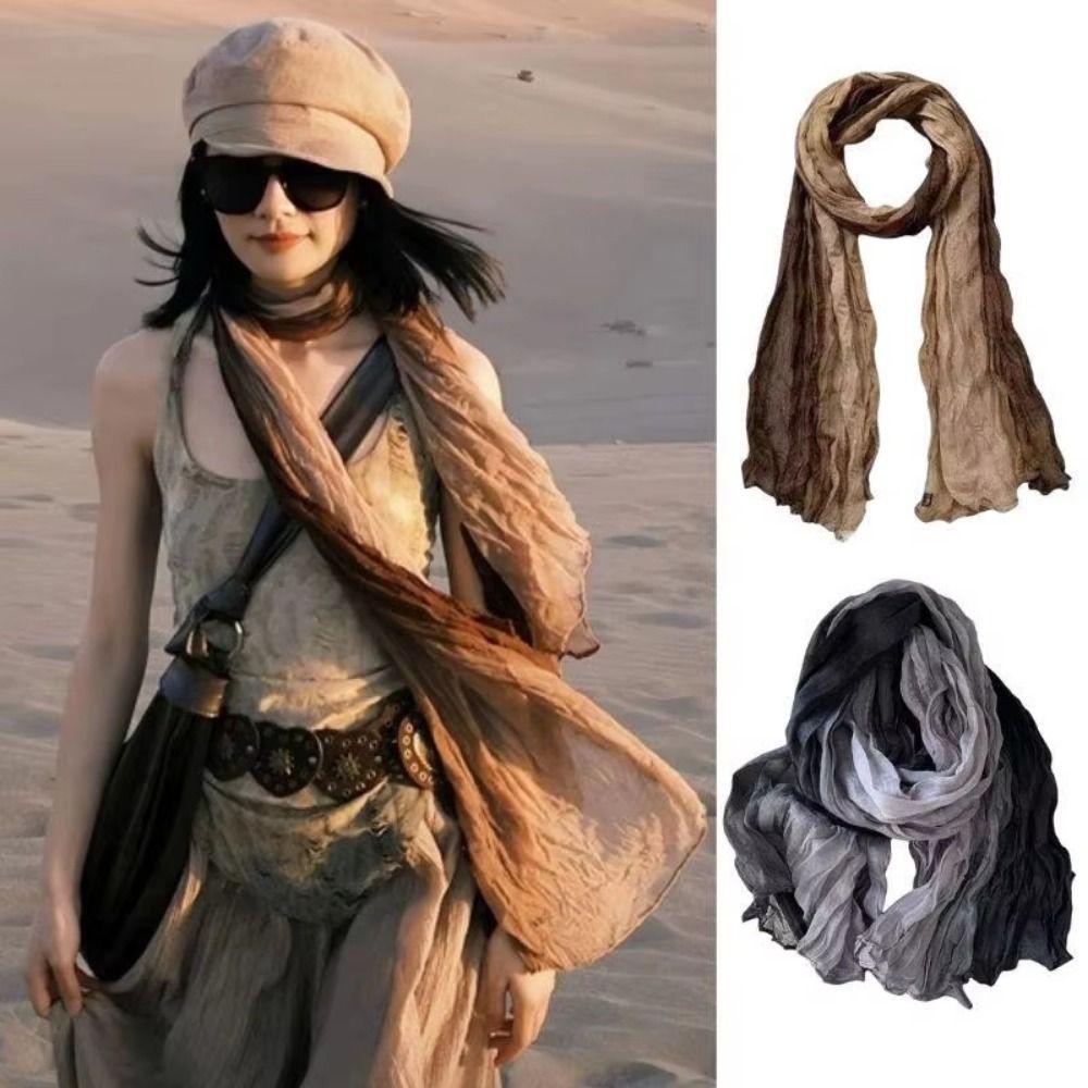 Warm Women's Long Pleated Shawl Windproof Bandana Shawl Wraps Gradient Texture Scarf  Autumn Winter