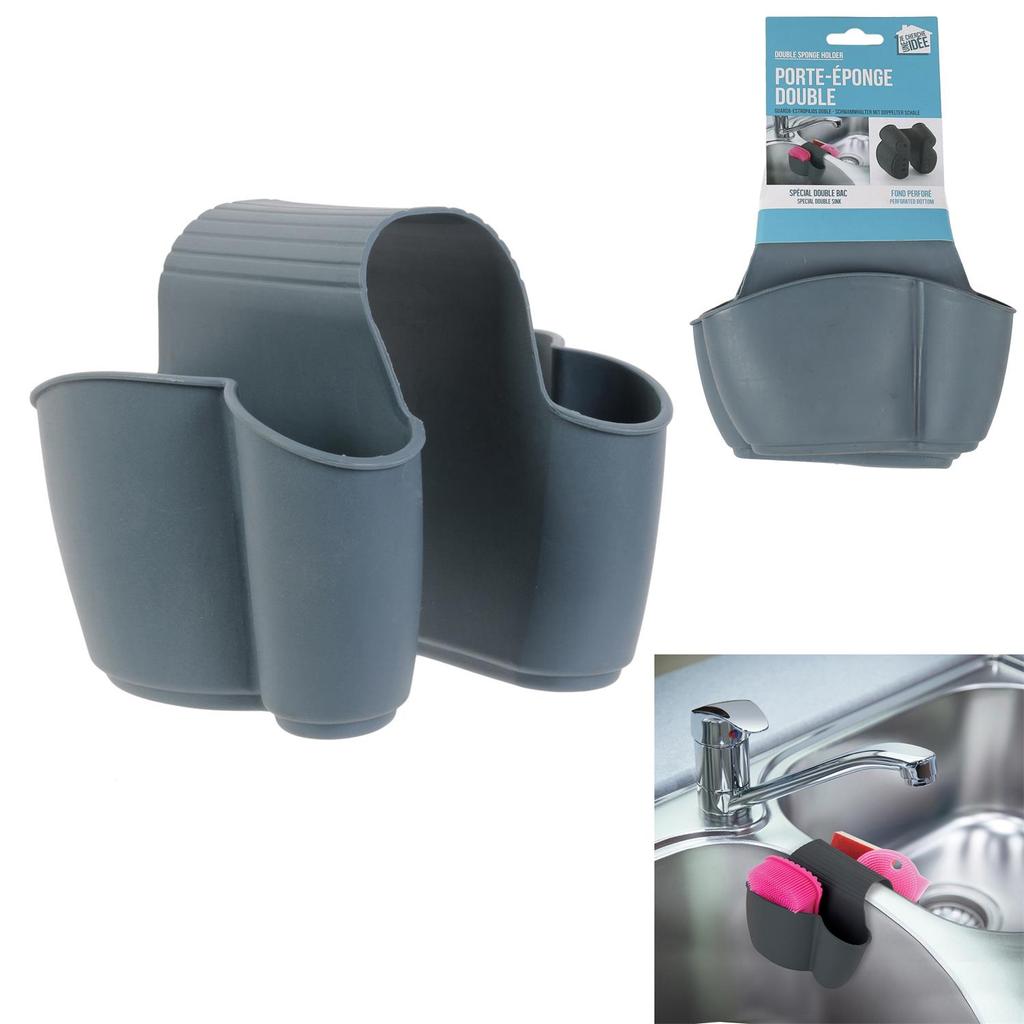 Double Sponge Holder For Sink, Gray With Holes