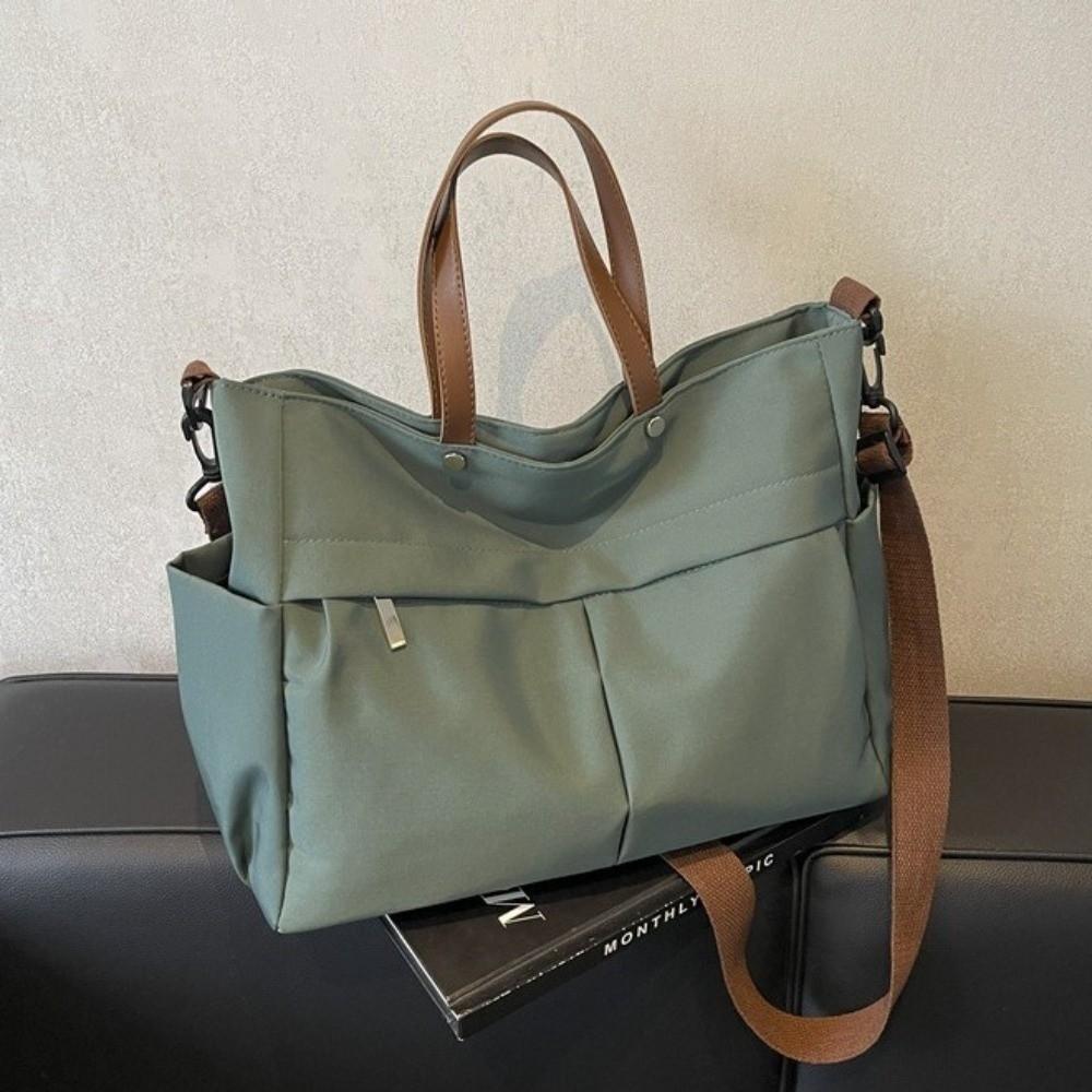 Fashion Stylish Women Shoulder Tote Bag Nylon Durable Commuting Handbag Two Pockets Solid Color Large Capacity Handbag Office