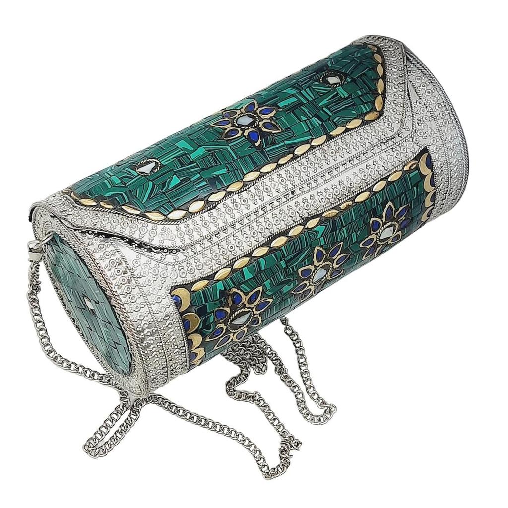 Eye Catching Handmade Cylinder Round Ethnic Stone Metal Bag Antique Bridal Clutch