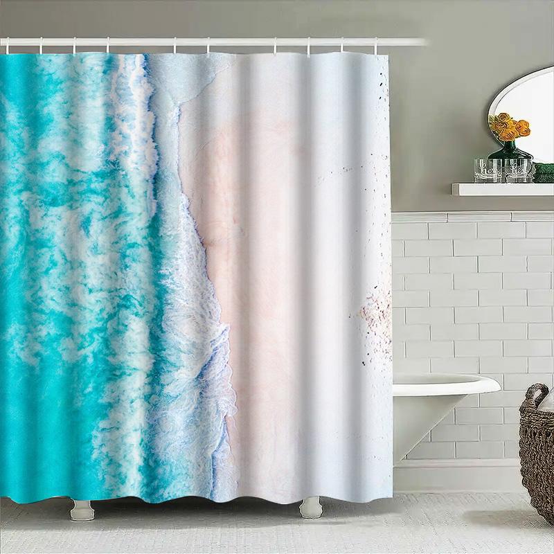 Beach Shower Curtain, Waterproof Printed Fabric For Bathroom Decor Turquoise Blue White Colors, 3D Printing Artistic Print Home