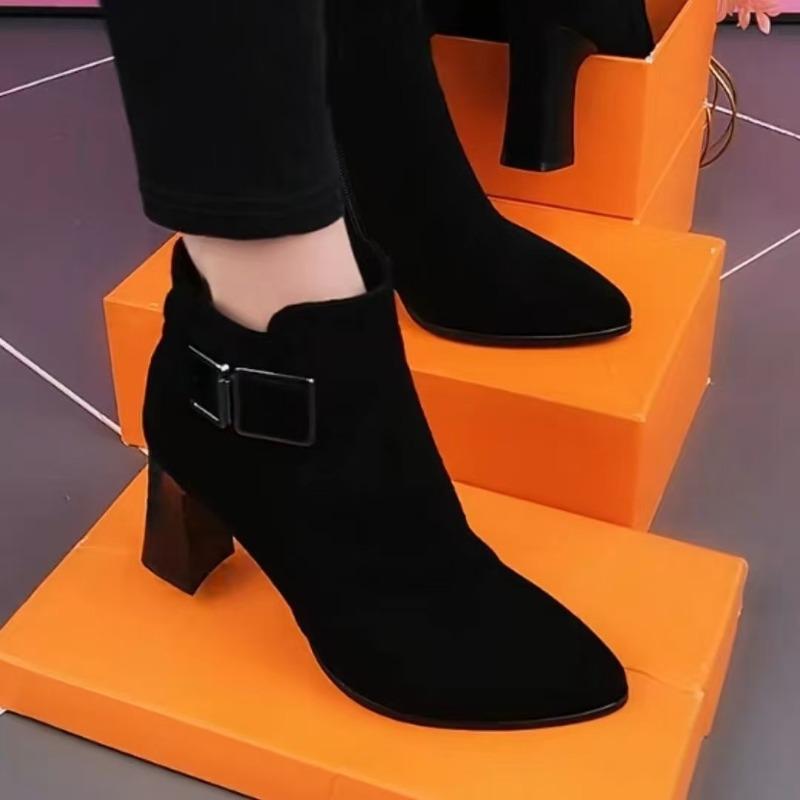 New Pointed-toe Chunk-heeled Ankle Boots, High-heeled Boots and Women's Shoes