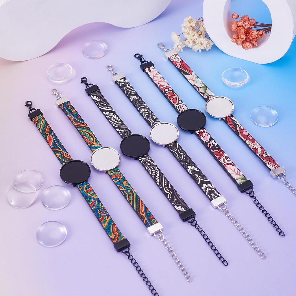 14 Pcs PU Leather Cord Bracelet Bezel Tray Blank Tray Bracelet Band Settings 26.5 mm Adjustable Round Tray Bracelet Kits with Glass Cabochons for DIY