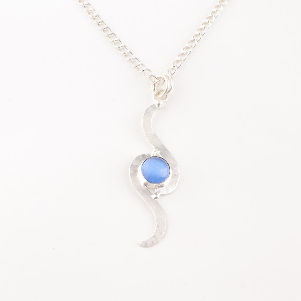 Dark Blue Cat's Eye Gemstone 925 Sterling Silver Jewelry Handmade Chain Pendant PP-44-33