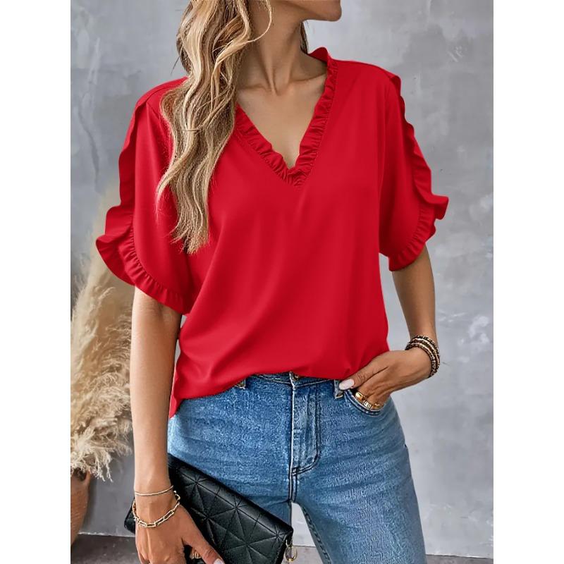 JKASHDK Mote Dame Casual Sommer Vår Ensfarget Trykk Kortermet V-hals Bluser & Skjorter