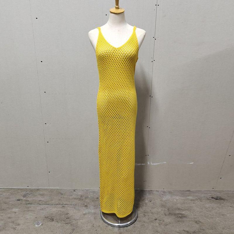 

Летнее пляжное платье для отпуска Универсальная европейская и американская женская одежда V-образный вырез Без рукавов Жилет Сексуальное платье с вырезами Вязаное платье Yellow L