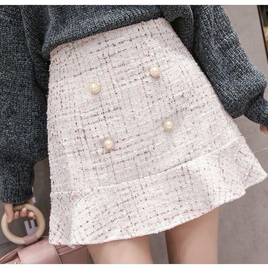 Temperament Celebrity Small Incense Wind Ruffle Double-breasted Tweed Half-body Skirt Female Elegant High Waist A Line Short Skirt