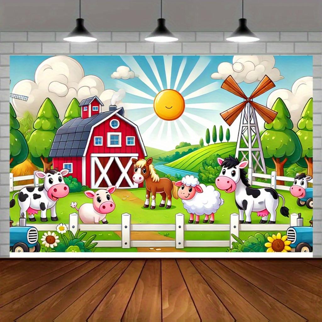 2D Flat Design, 1 Piece with a Colorful Farm Animal Background, Suitable for Celebration Events, Birthdays, and Weddings