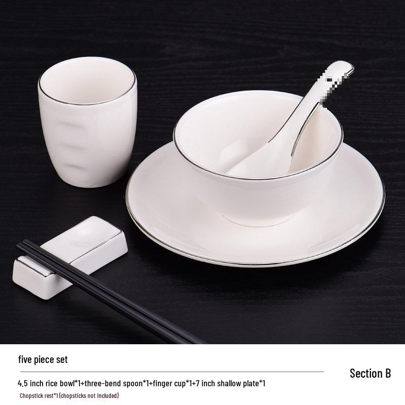 Elegant Ceramic Tableware Set: White with Platinum Rim - Includes Plates, Bowls, and Dishes for Restaurants or Clubhouses, Available in 3 or 4 Pieces