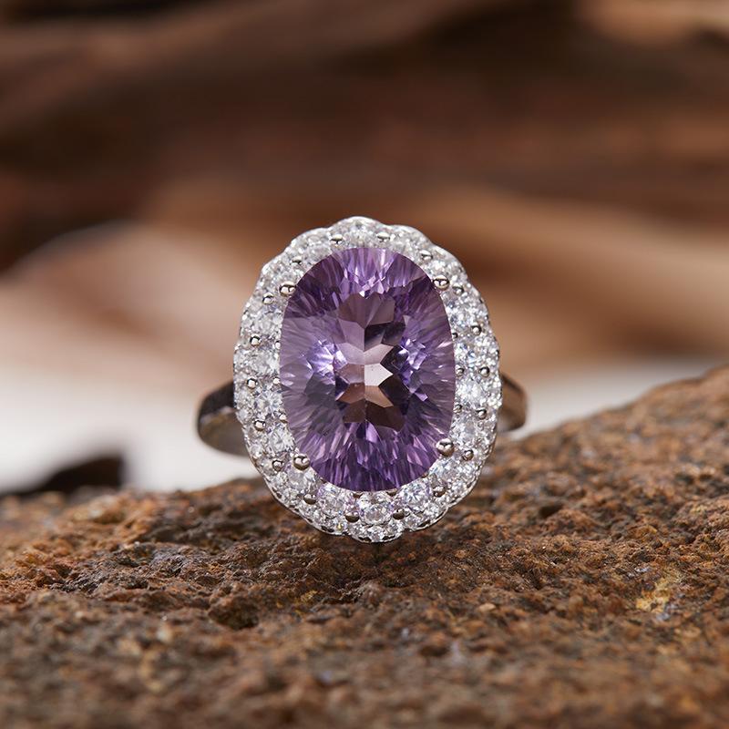 White Purple Citrine S925 Sterling Silver 18K Gold Natural Color Treasure Ring Light Luxury Premium Index Finger Ring Energy Jewelry