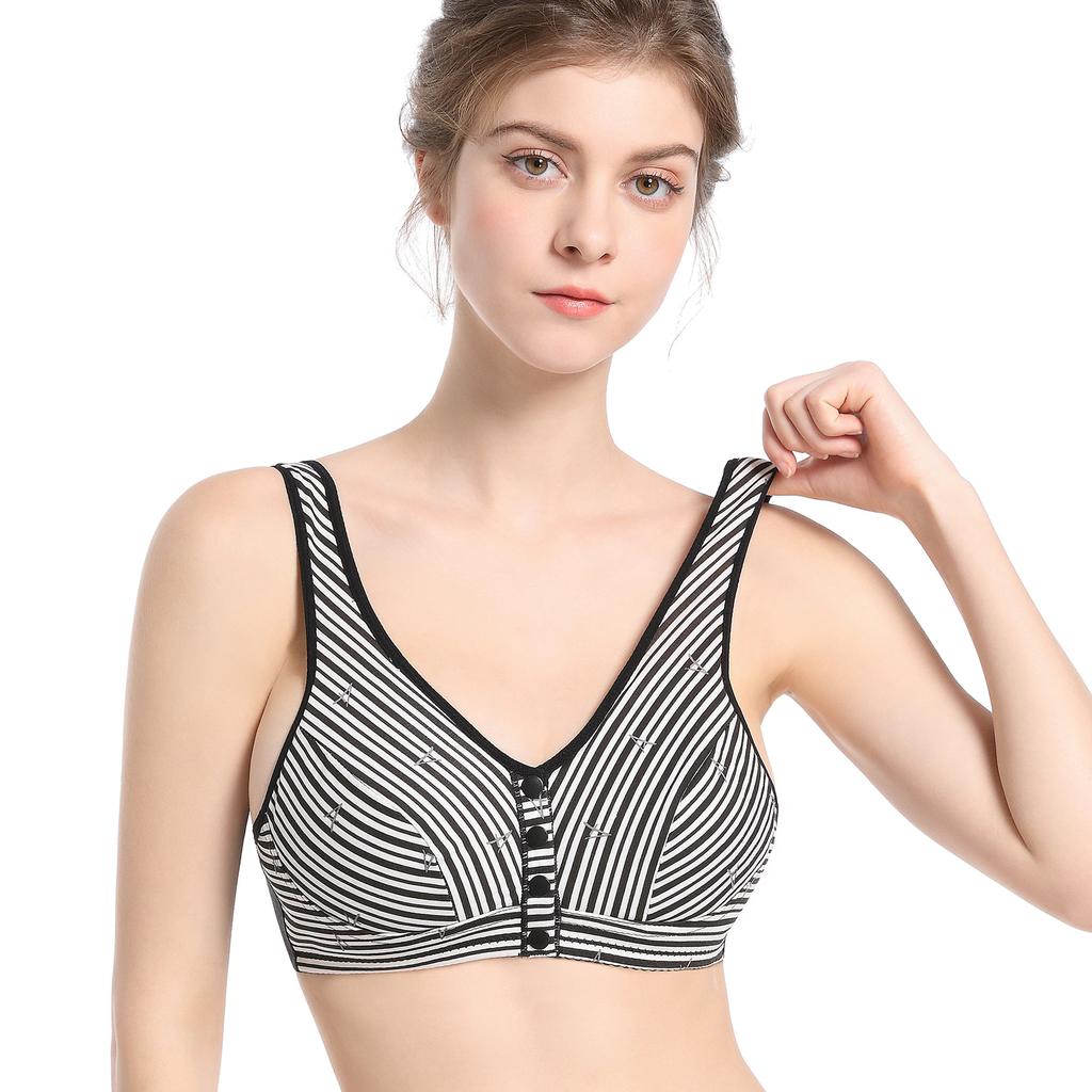 New soft cotton thin cup front buckle underwear women's striped rimless vest type extra large size bra