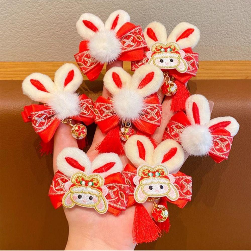 Tassel Children Red Hairpin Bunny Chinese New Year Headwear Lovely Plush Rabbit Hairpin Girls