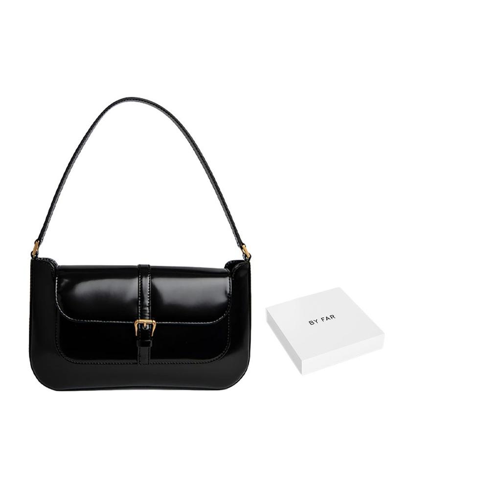 By Far Miranda Solid Color Vintage Flap Closure Leather Underarm Bag Baguette Handheld Shoulder Bag Women bags Black 19PFMDASBLWMED
